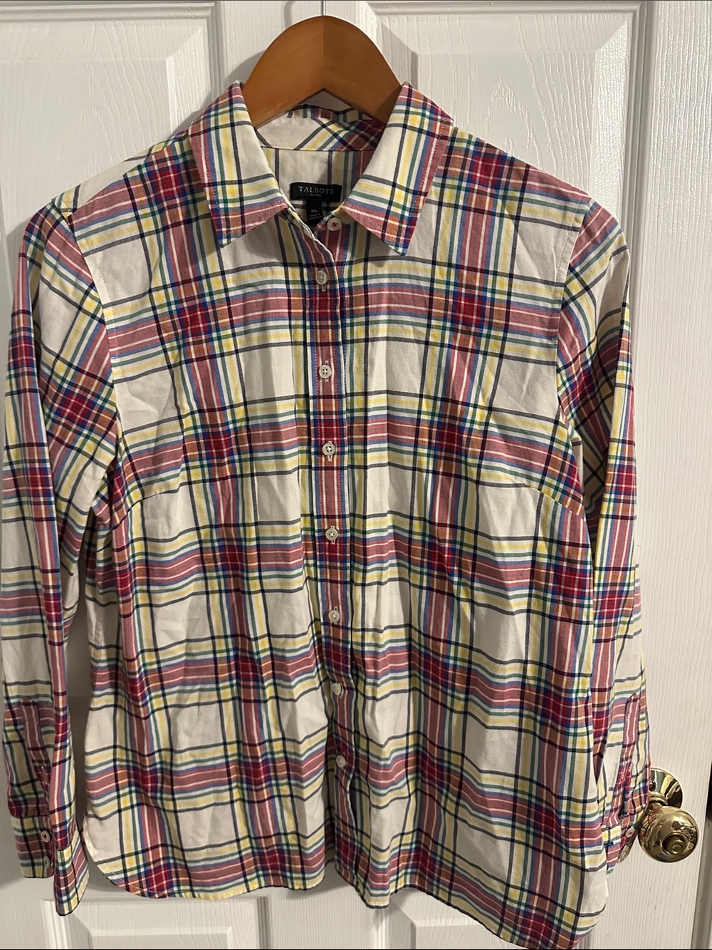 Talbots Cream Plaid Button-Down Shirt with Red and Yellow Stripes